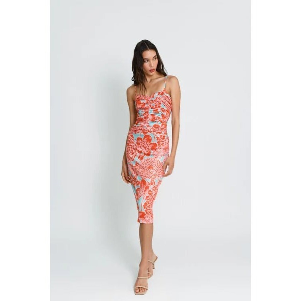 Hutch Orange Turquoise Floral Ruched Sweetheart Style Midi‎ Dress  Sz S
